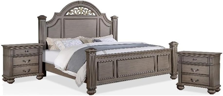 BOWERY HILL 3-Piece Solid Wood Panel Bedroom Set, Queen Bed + 2 Nightstands, Gray Finish, Floral Headboard, Fluted Posts, Bun Feet, Acrylic Drawer Handles, Durable Veneer Construction for Master