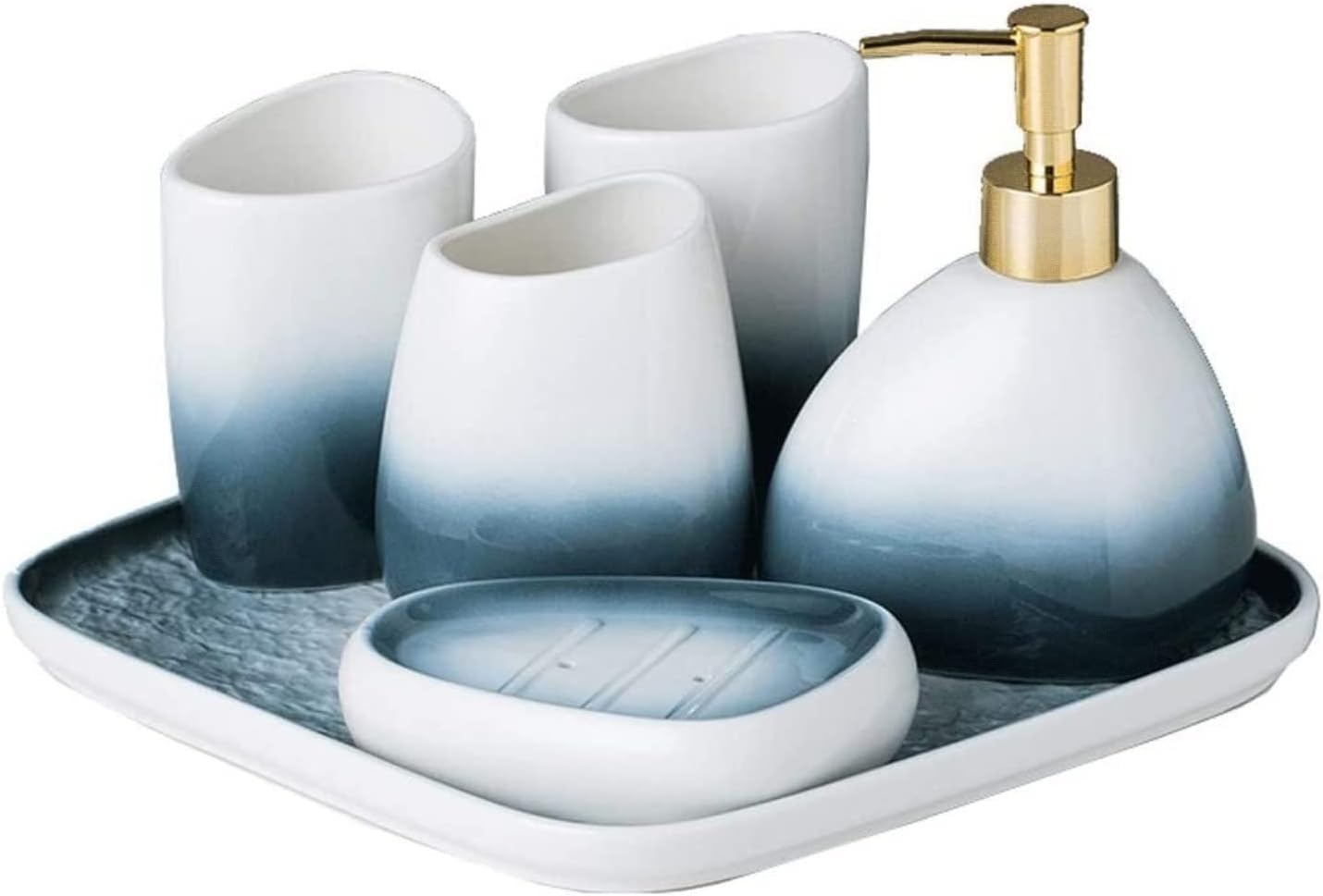 Vanity Bathroom Decor, Bathroom Accessory Set Gradient Blue 5 Piece Ceramic Soap Dispenser Retro Toothbrush Holder Lotion Bottle Housewarming Gift(B)
