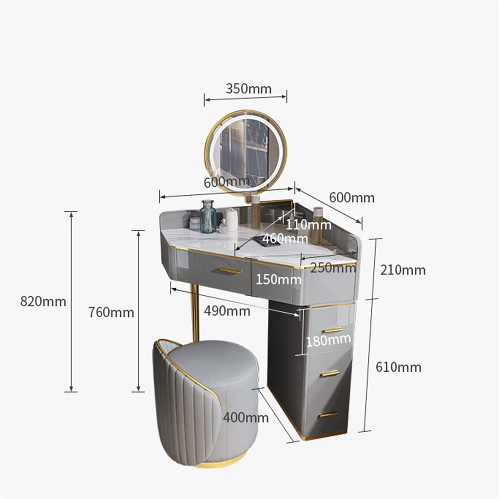 Corner Vanity Desk, Slate Desktop Dressing Table, with LED Lighted Mirror ＆ Drawers,Cosmetic Storage Cabinet,for Home