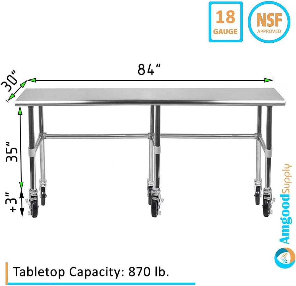 AmGood Stainless Steel Work Table Open Base & Wheels | Work Station | Metal Work Bench (Stainless Steel, 84' Long x 30' Deep)