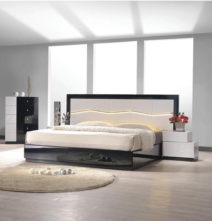 Modern 3 Piece California King Bedroom Set, Lacquer Wood Platform Bed with 2 Nightstand, Black/White