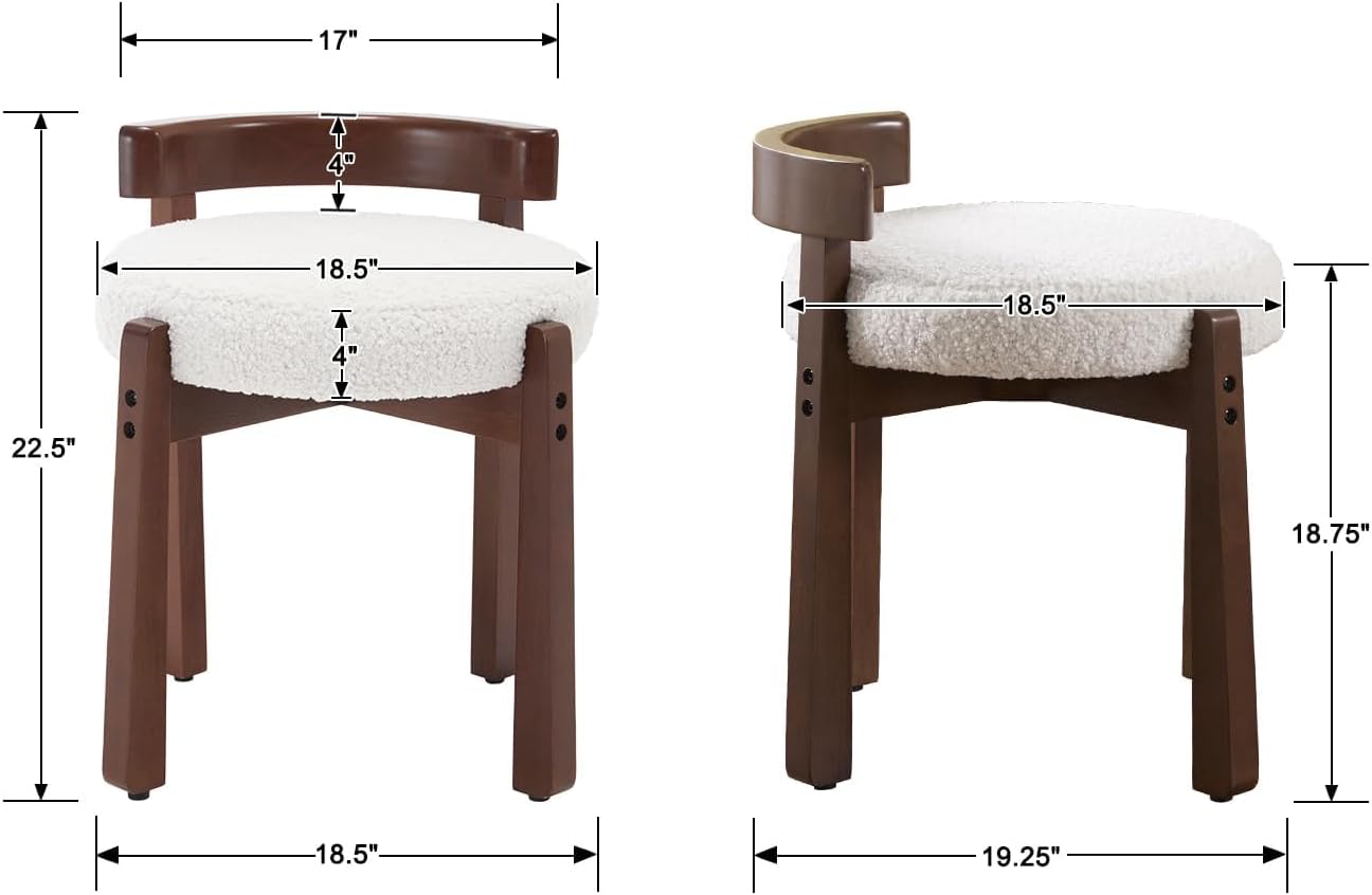 HNY Modern Boucle Ottoman : Upholstered Vanity Chair with Solid Wood Legs, Cute Round Footrest for Bedroom & Living Room, White