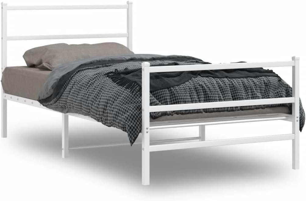 Twin Bed Frame White Steel Rectangular Modern Design with Headboard and Footboard Sturdy Metal Structure for Bedroom