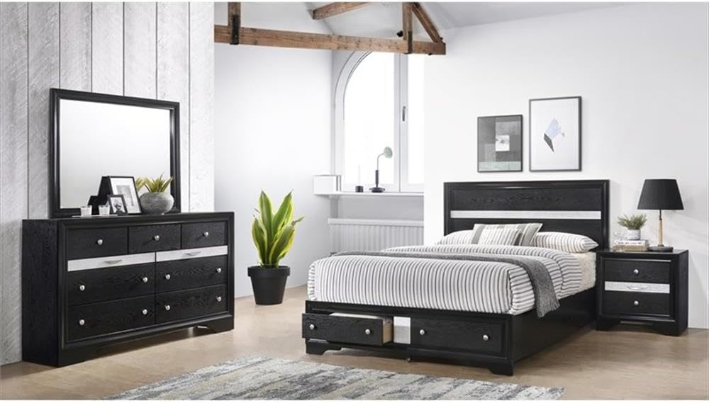 Matrix Traditional Style King 4 PC Storage Bedroom Set in Black Made with Wood
