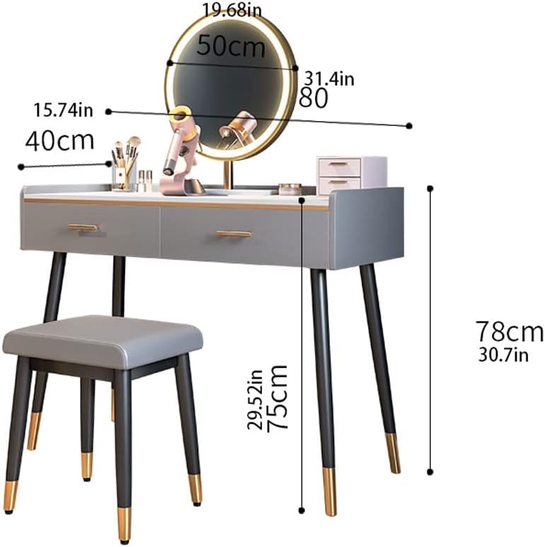 Vanity Benches Dresser Set Vanity Desk Storage Cabinet Cosmetic Storage Desk with LED Round Mirror, Stool, Two Drawers (Color : A)