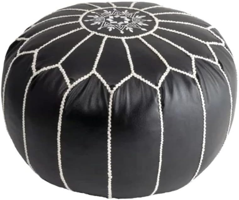 Classy Black Faux Leather Round Pouf Ottoman 20'' | Stylish Tufted Footrest Vanity Stool Glamorous Touch Luxe Look, | Bench Fluffy Dorm Patio Perfect for Living Room, Bedroom, Lounge Cushioned