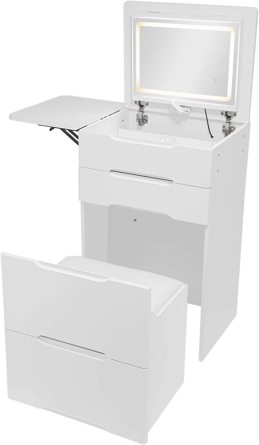 3 in 1 Compact Dressing Table with Mirror and Lights,Small Vanity Desk with Stool and 3 Drawers,Corner Makeup Table with Foldable Panel for Bedroom Living Room Small Space