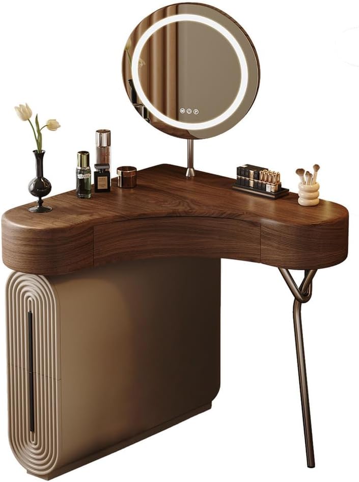 Corner Makeup Vanity Desk, Vanity Small Space with LED Mirror, 3 Drawers, Minimalist Design Wood Nightstand Vanity Suitable for Small Bedroom Spaces,with Mirror