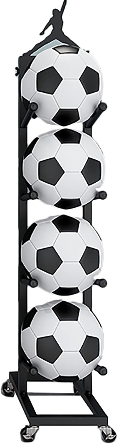 Sports Ball Storage Rack Garage Small Ball Holder with Wheels, Vertical Football Floor Storage Stand, School Classroom Garden Room, Sturdy Mobile Metal Base,Black-4 Balls
