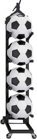 Sports Ball Storage Rack Garage Small Ball Holder with Wheels, Vertical Football Floor Storage Stand, School Classroom Garden Room, Sturdy Mobile Metal Base,Black-4 Balls