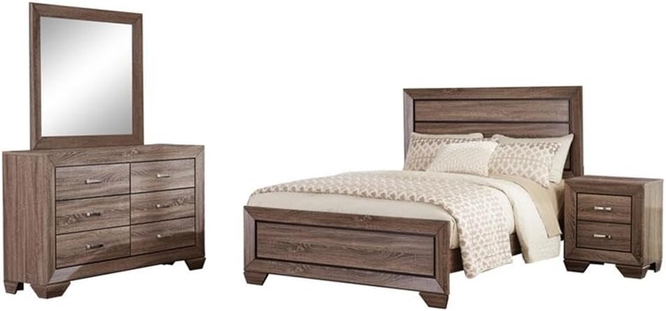 MAKLAINE Contemporary 4-Piece Eastern King Wood Bedroom Set, Washed Taupe Finish, Solid Asian Hardwood, Includes Bed, Dresser, Mirror, Nightstand, Oak Wood Grain, Chrome Handles, Transitional Style,