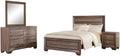 MAKLAINE Contemporary 4-Piece Eastern King Wood Bedroom Set, Washed Taupe Finish, Solid Asian Hardwood, Includes Bed, Dresser, Mirror, Nightstand, Oak Wood Grain, Chrome Handles, Transitional Style,