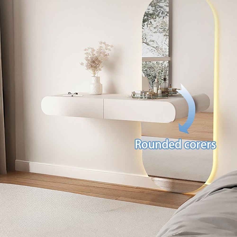 Wall-Mounted Floating Desk with Drawers Wood Floating Makeup Vanity Corner Desk for Bathroom Hairdressers Solid Construction(95cm)
