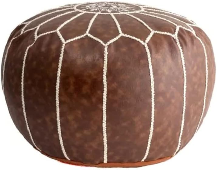 Classy Brown Faux Leather Round Pouf Ottoman 20'' | Stylish Tufted Footrest Vanity Stool Glamorous Touch Luxe Look, | Bench Fluffy Dorm Patio Perfect for Living Room, Bedroom, Lounge Cushioned
