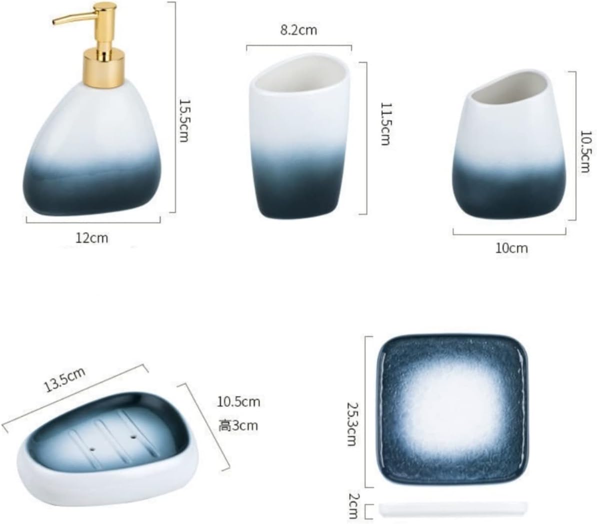 Vanity Bathroom Decor, Bathroom Accessory Set Gradient Blue 5 Piece Ceramic Soap Dispenser Retro Toothbrush Holder Lotion Bottle Housewarming Gift(B)