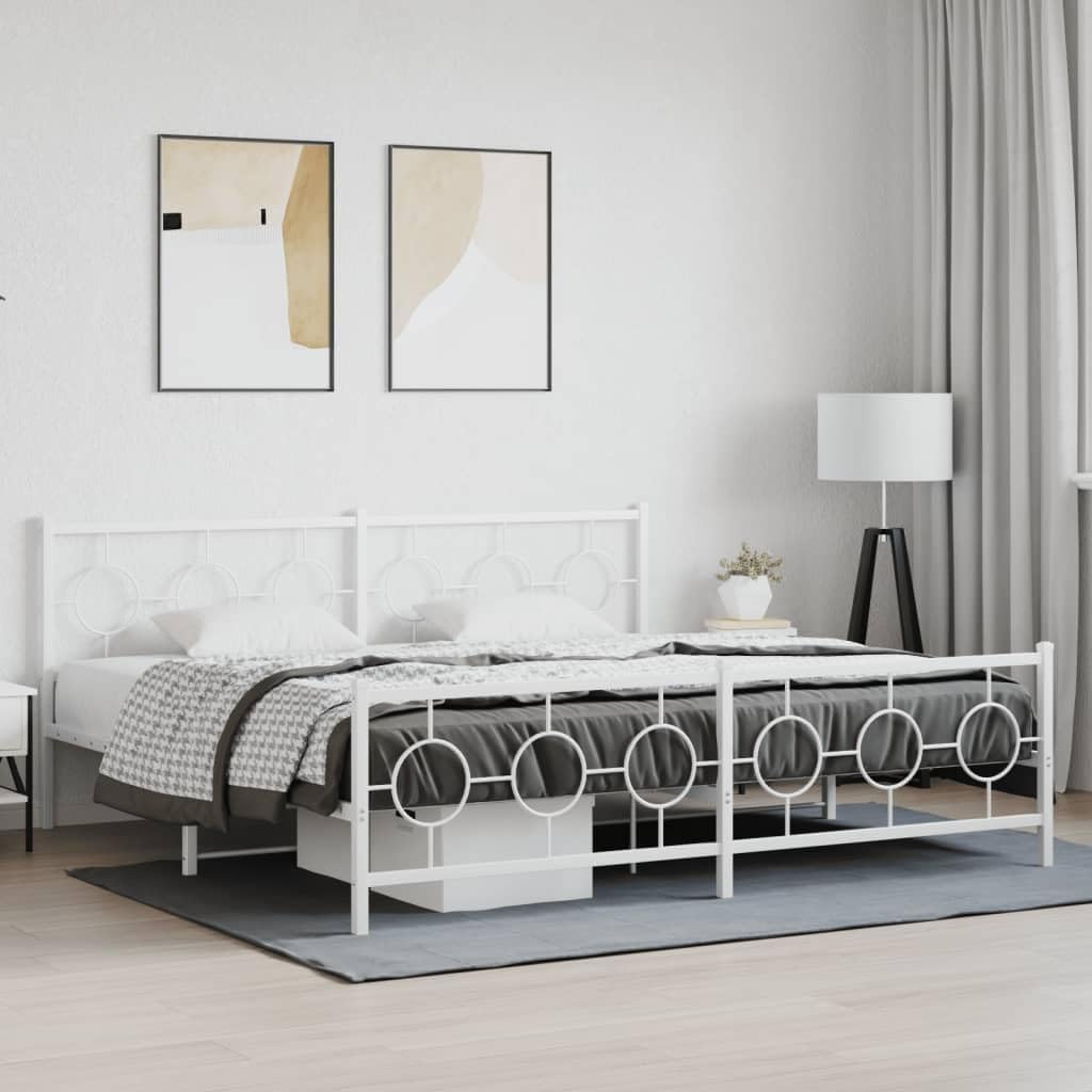 Metal Bed Frame with Footboard White 76'x79.9' King Platform Bed Steel Frame Underbed Storage Space Sturdy Bedframe for Bedroom Furniture