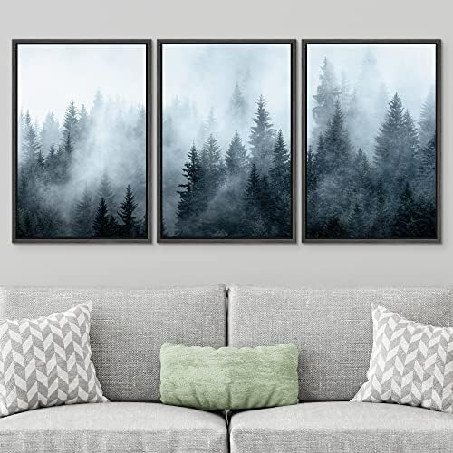 SIGNWIN Framed Canvas Print Wall Art Set Winter Fog Mist Pine Tree Mountain Forest Nature Wilderness Photography Modern Art Landscape Relax/Calm for Living Room, Bedroom, Office - 24'x36'x3 Black