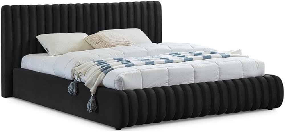 Pemberly Row Full Bed, Rich Black Velvet Upholstery, Deep Channel Tufting, 68' W x 86' D x 38' H, Contemporary Design, Upholstered Headboard and Footboard, Modern Bedroom Furniture