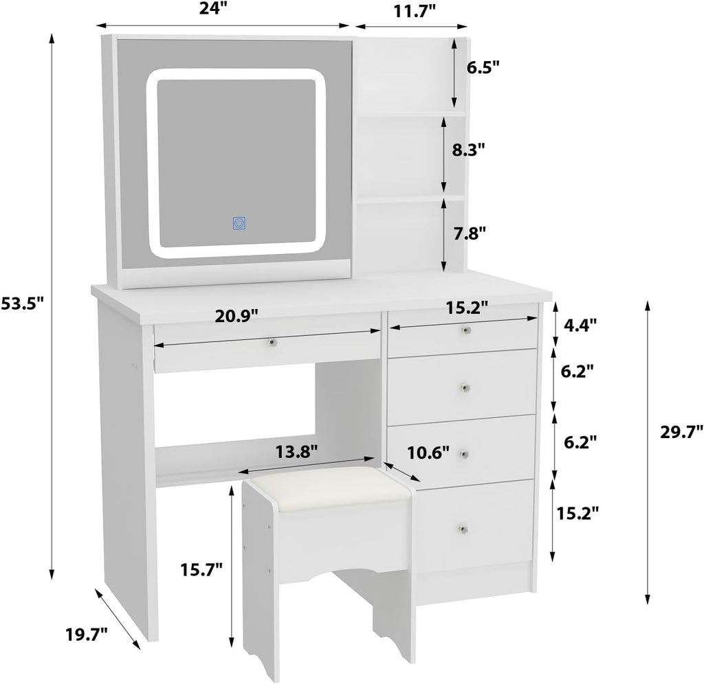 Vanity with Chair, Dressing Table with Lighted Sqaure Mirror, 5 Drawers and Shelves, Makeup Vanity Set with Storage for Bedroom, Crystal Knobs, White, 19.7' D x 39.4' W x 53.5' H