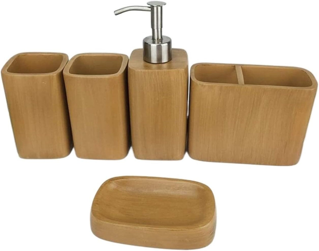Vanity Bathroom Decor, Bathroom Accessory Set Modern Design European Style Resin Bathroom Accessory Set Imitation Wood Wash Set Housewarming Gift(Natural)