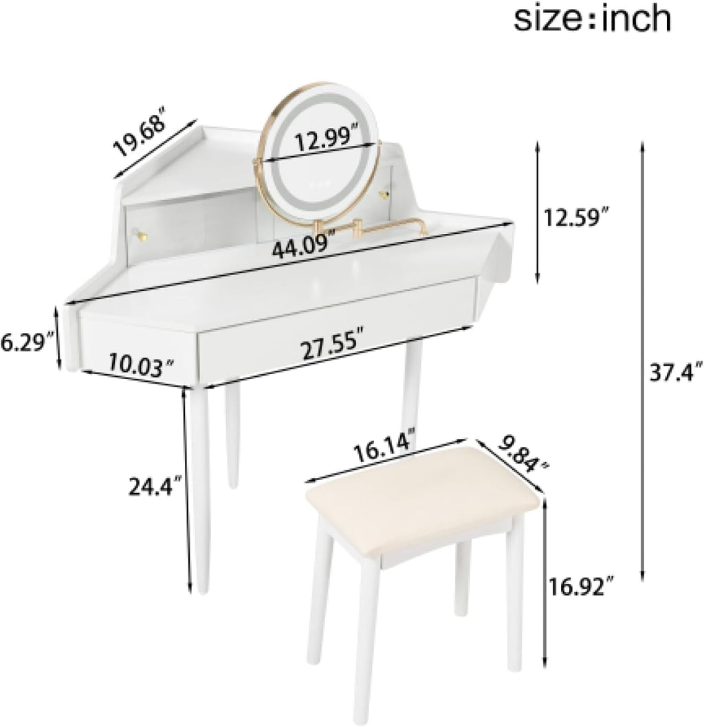 Vanity Desk Modern Corner Makeup with Large Storage LED Mirror Stool Brightness Adjustable Dressing Table for Small Bedroom