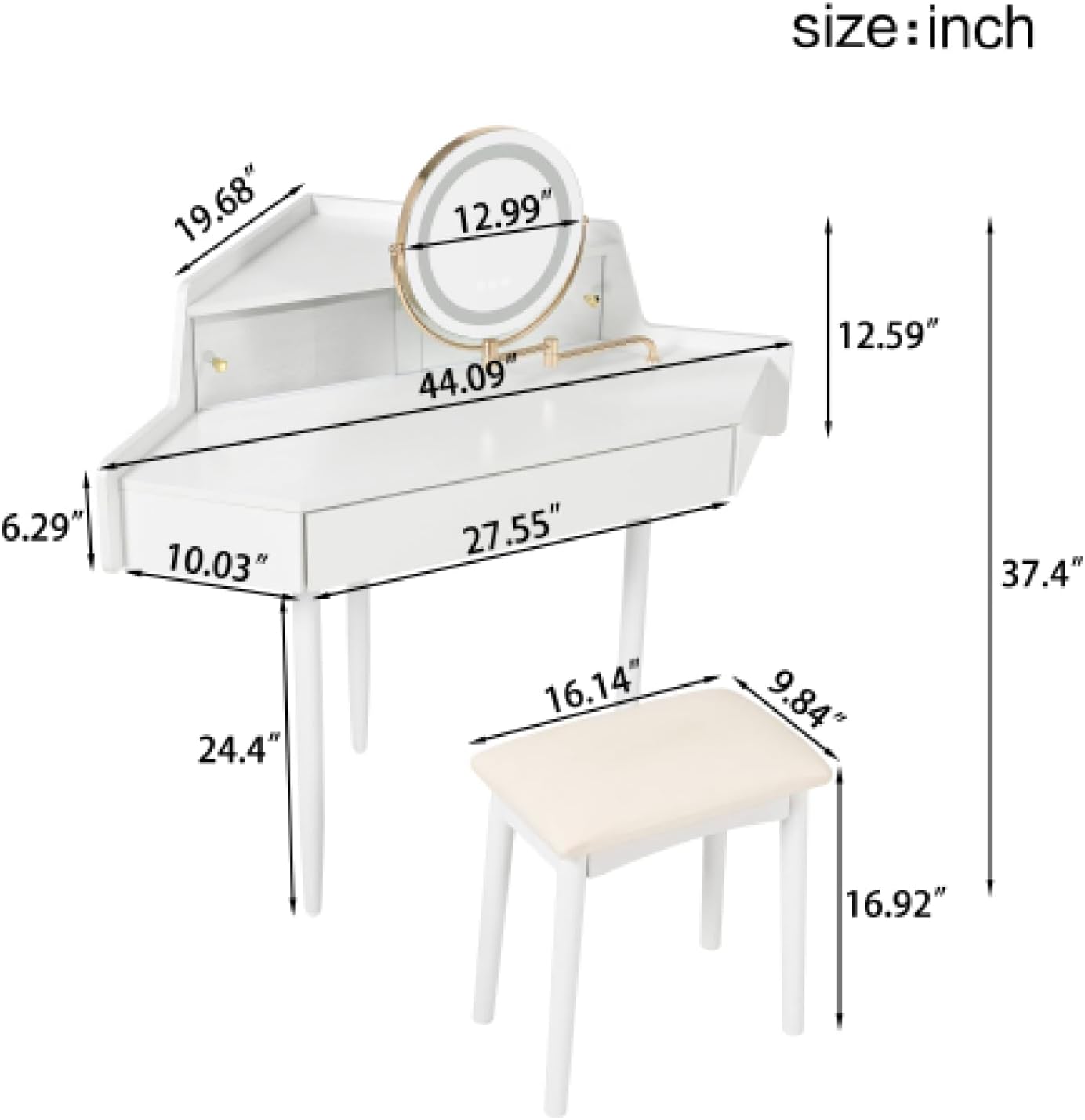 Vanity Desk Modern Corner Makeup with Large Storage LED Mirror Stool Brightness Adjustable Dressing Table for Small Bedroom