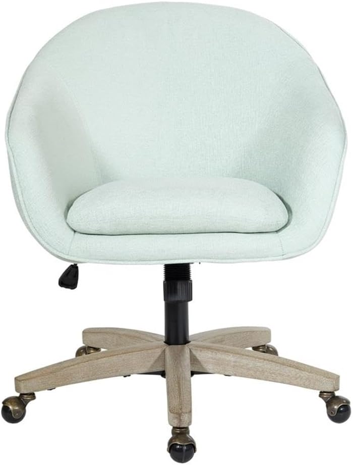 Pemberly Row Mint Blue Fabric Office Chair, 25.88' W x 27.13' D x 35.88' H, Rustic Gray Brush Wood Base, Plush Comfortable Seat, Sophisticated Design, Adjustable Height, Modern Home Office Seating