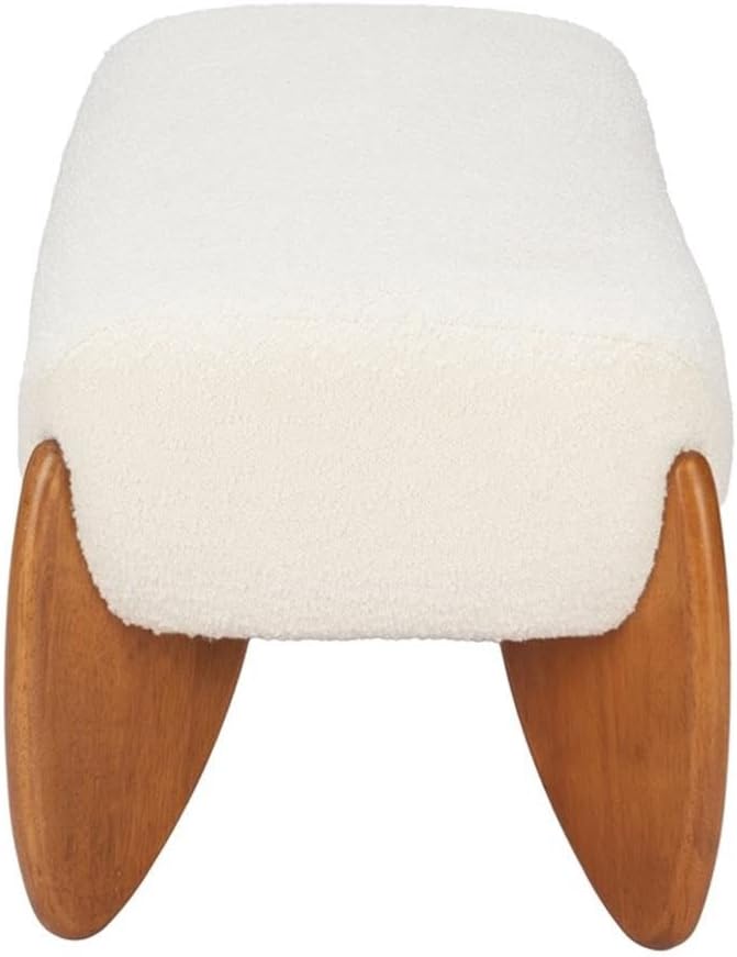 Pemberly Row Modern Solid Wood Bench, Textured Ivory Polyester Fabric, Rubberwood Legs, Seats 2, Indoor Vanity Bench, Armrest Support, Stylish Seating for Bedrooms or Living Spaces