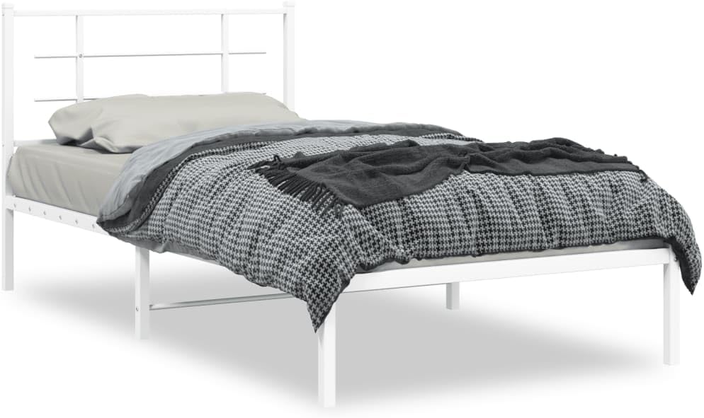 White Powder-Coated Steel Single Bed Frame with Headboard, Sturdy Metal Frame for Bedroom or Guest Room, Modern Design Easy Assembly