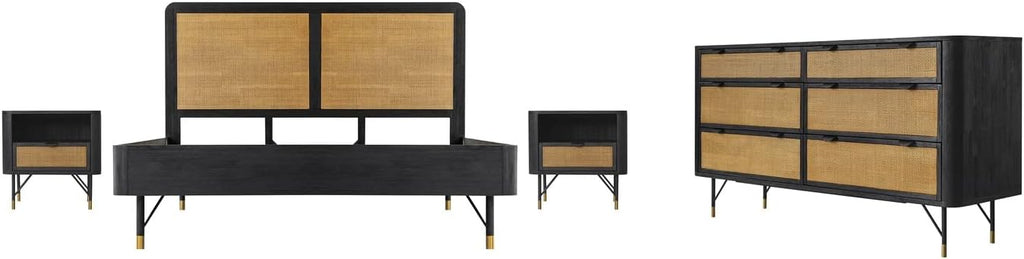 Armen Living Saratoga 4 Piece King Bedroom Set in Black Acacia Wood and Rattan