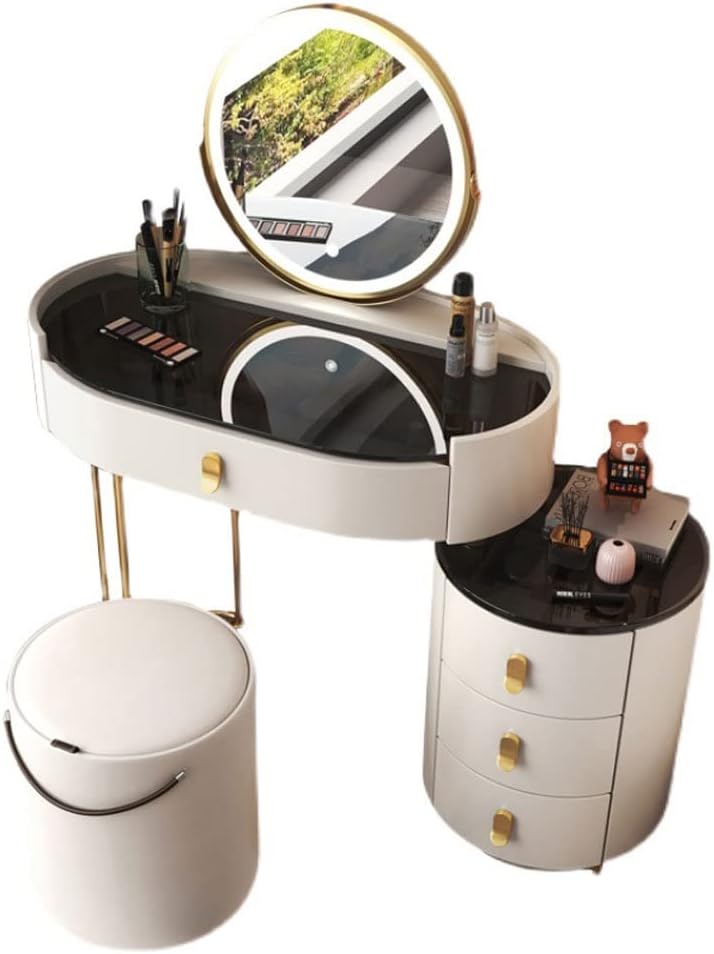 Vanity Benches Dresser Modern Small Apartment Bedroom Dresser Retractable Storage Cabinet with Mirror, Dressing Stool, Four Drawers (Color : A)