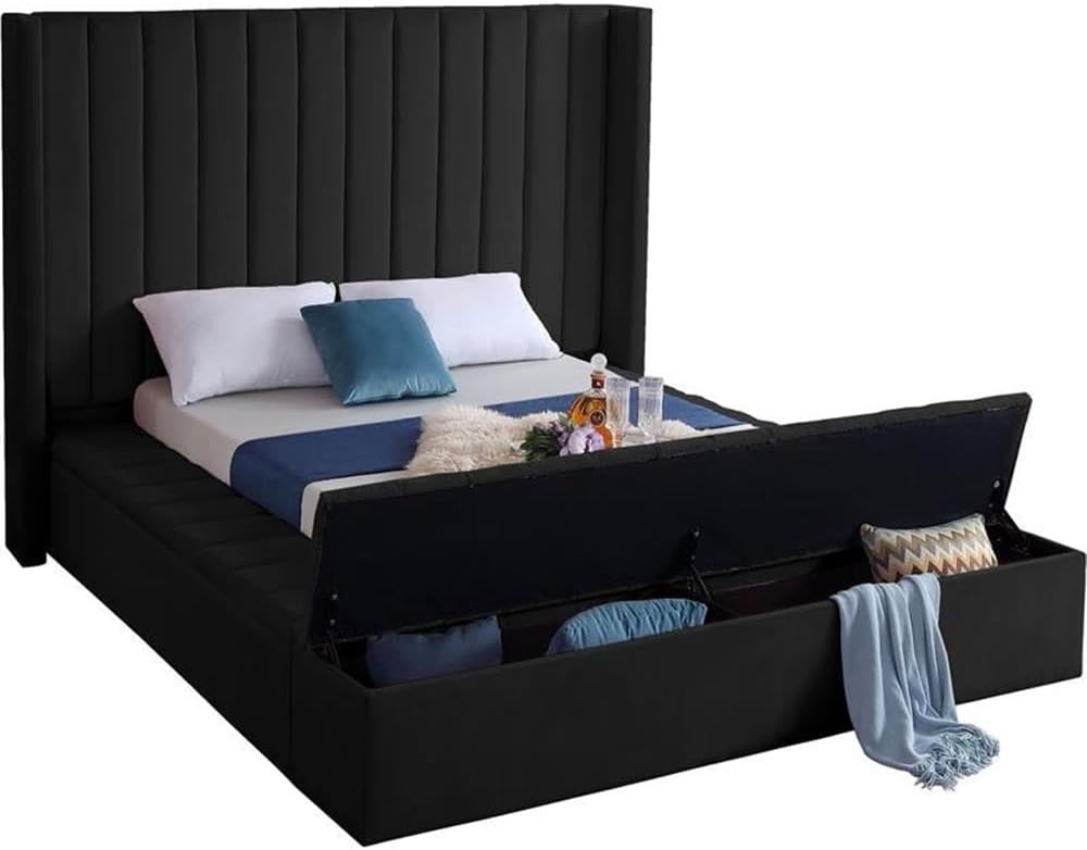 Meridian Furniture Kiki Collection Modern | Contemporary Velvet Upholsterd Bed with Channel Tufting, Siderails and Footboard Storage Compartments, Full, Black