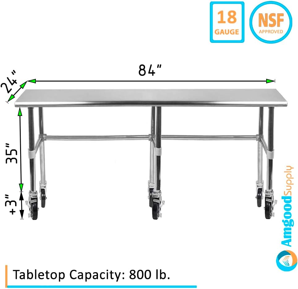 AmGood Stainless Steel Work Table Open Base & Wheels | Work Station | Metal Work Bench (Stainless Steel Work Table Open Base + Casters, 84' Long x 24' Deep)