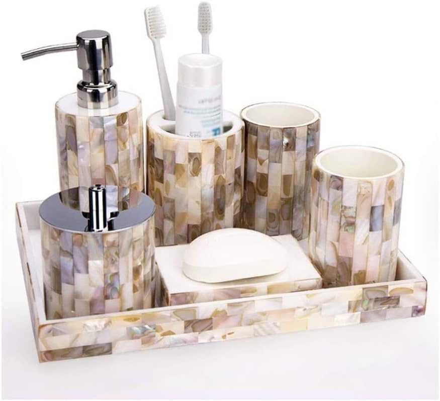 Vanity Bathroom Decor, European Bathroom Accessories Set Shell Resin Bath Supplies Soap Dispenser Toothbrush Cup Holder Housewarming Gift(7pcs)