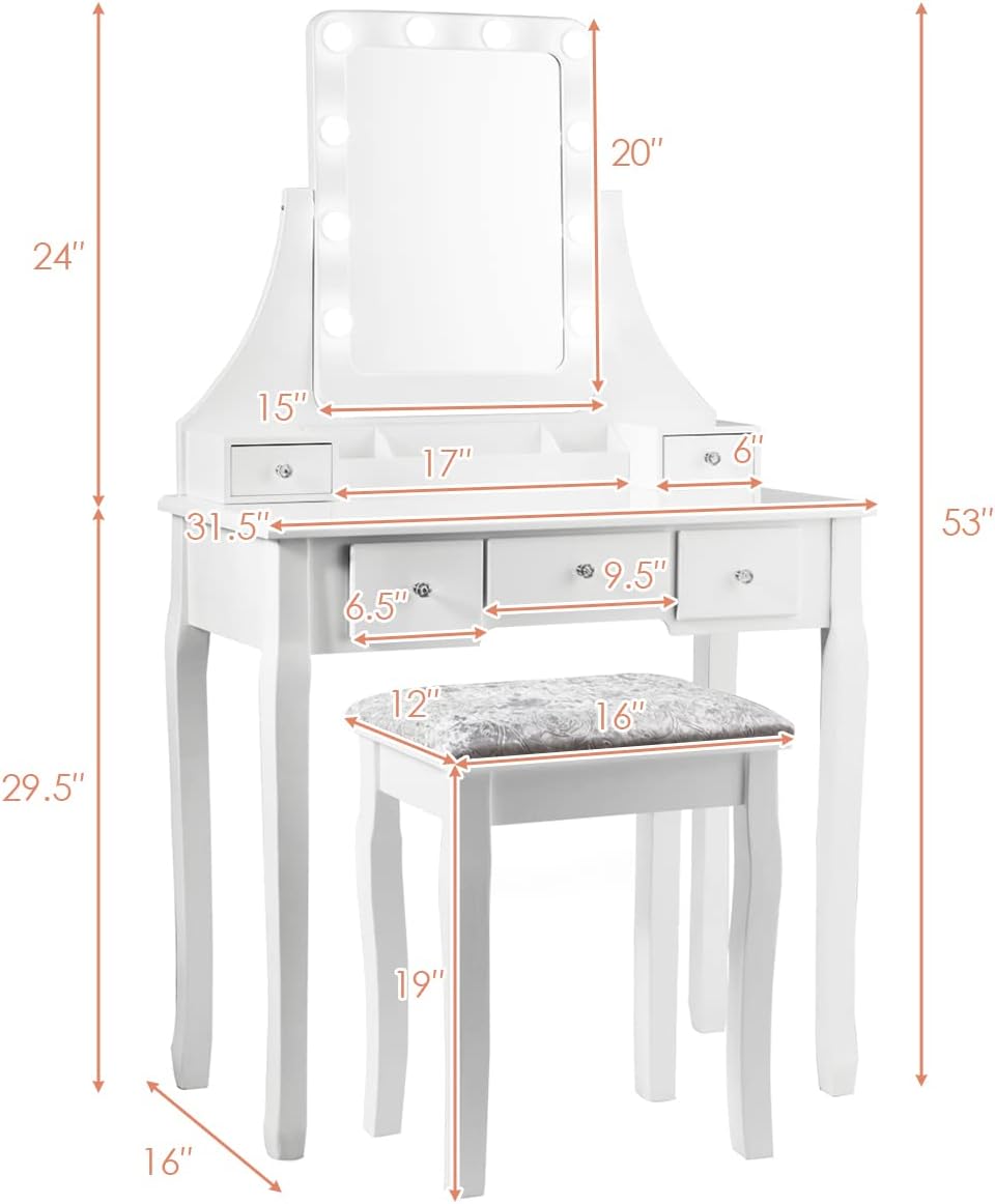 COSTWAY Vanity Desk Set with Lighted Mirror, 360° Swivel Vanity Mirror Desk with 10 LED Bulbs, Makeup Dressing Table with 5 Drawers, Vanity Table with Cushioned Stool for Bedroom, Women, Girls (White)
