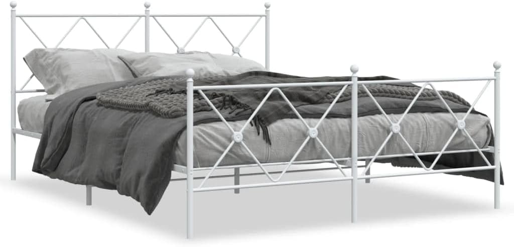 White Steel King Size Bed Frame with Headboard and Footboard, Durable Rectangular Design for Bedroom, 4-Piece Set, Minimalist Aesthetic, Easy Assembly, Underbed Storage