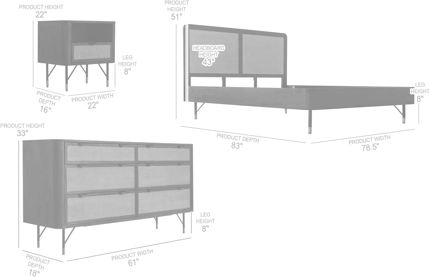 Armen Living Saratoga 4 Piece King Bedroom Set in Black Acacia Wood and Rattan