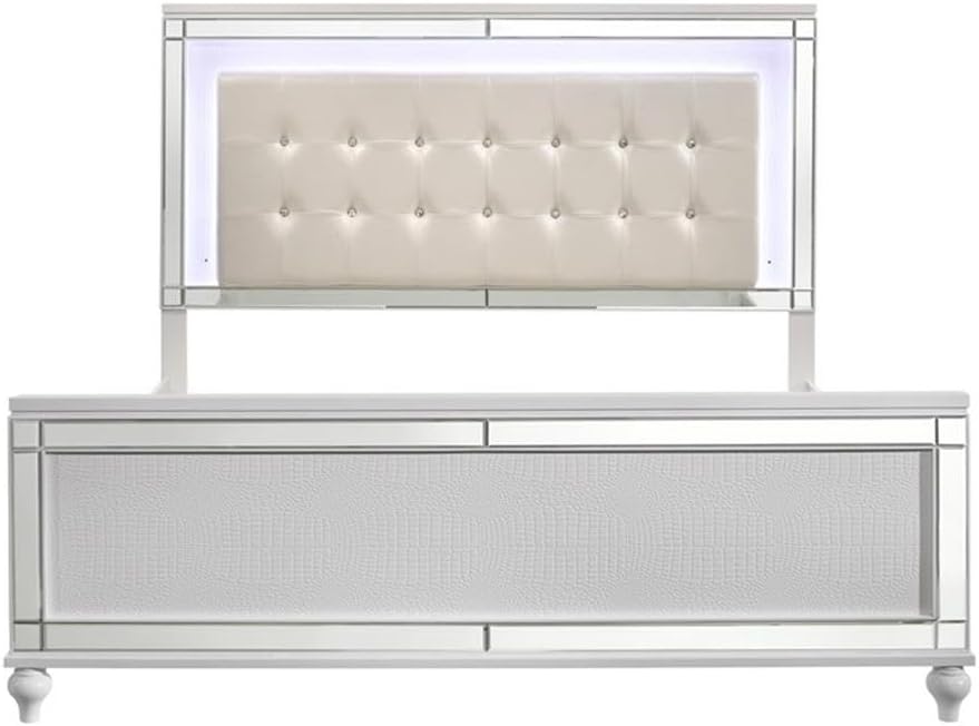 Pemberly Row Modern Solid Wood King Size Bed, White Finish, Lighted Headboard, Durable Construction, Embossed Inlay, Hardwood Veneers, Comfortable Fabric, Elegant Bedroom Furniture