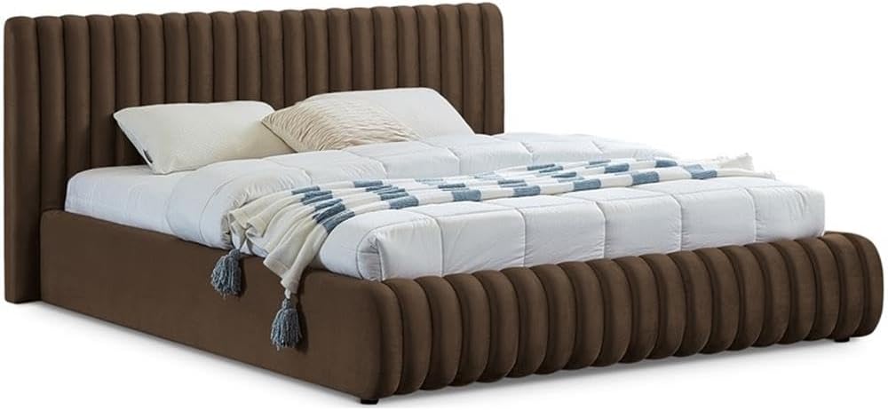 Pemberly Row Contemporary Queen Bed, 74' W x 91' D x 38' H, Rich Brown Velvet Upholstery, Deep Channel Tufting, Padded Headboard, Modern Style Bedroom Furniture, Elegant Design