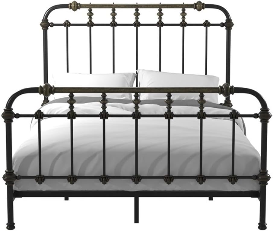 BOWERY HILL Transitional Metal Twin Spindle Bed, Antique Black Finish, Powder-Coated Steel Construction, 80.75 x 43.5 x 54.75 in, Headboard and Footboard Slats, Antique Gold Accents for Bedroom Use