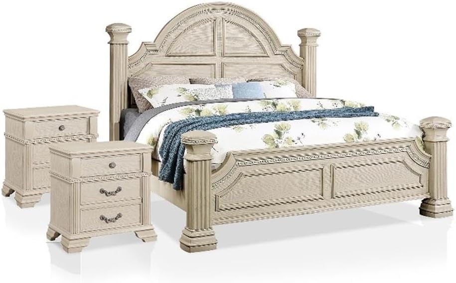 Furniture of America Charo 3pc White Wood Bedroom Set-King + 2 Nightstands
