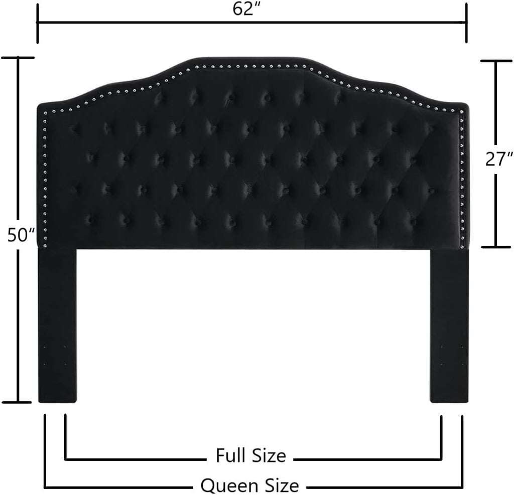 24KF Upholstered Button Tufted Queen Size Full Size Headboard with Nailhead Trim, Soft Velvet Fabric Headboard Queen/Full Size Headboad-Black