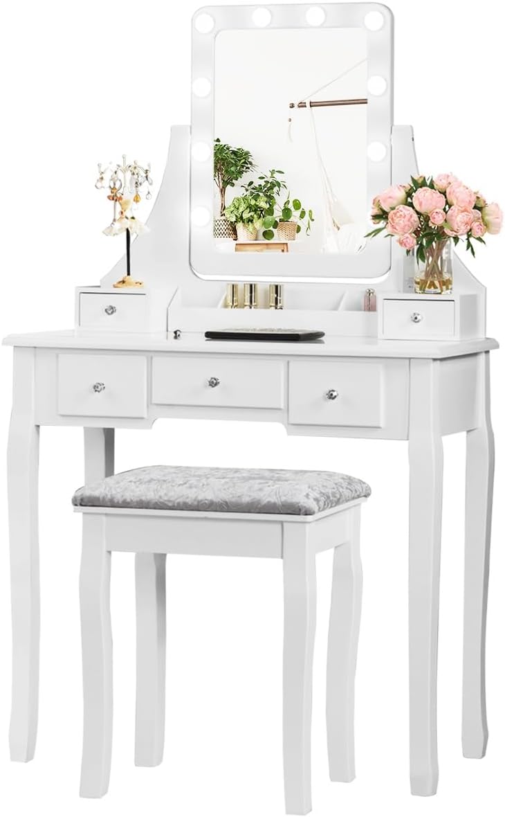 DORTALA Vanity Table Set w/ 360-Degree Rectangular Mirror & Cushioned Stool, Makeup Table w/ 10 LED Dimmable Bulbs, Bedroom Wood Dressing Table w/ 5 Drawers & Removable Box Organizer, White