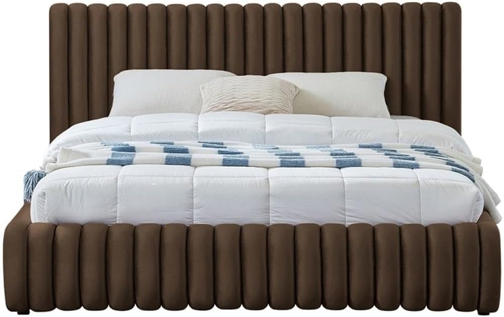 Pemberly Row Contemporary Queen Bed, 74' W x 91' D x 38' H, Rich Brown Velvet Upholstery, Deep Channel Tufting, Padded Headboard, Modern Style Bedroom Furniture, Elegant Design