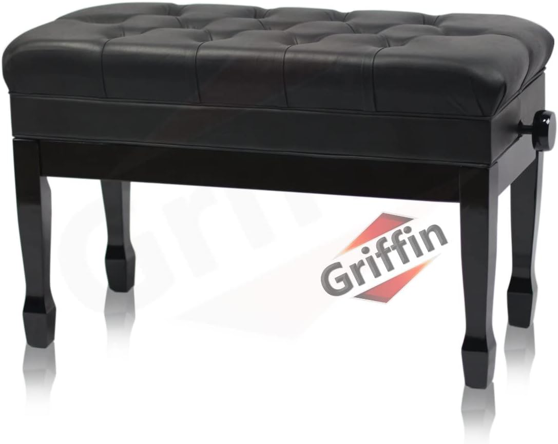 Griffin Piano Bench (Genuine Leather Plus Series) – Oversize Duet Keyboard Stool with Black Wood Frame, 2-Person Seat, Storage for Music Books & Vanity Use