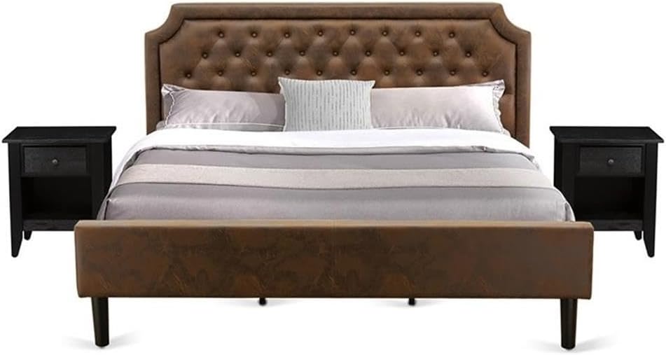 Pemberly Row Traditional 3-Piece Wood King Bedroom Set, Faux Leather Upholstered Bed Frame & 2 Nightstands, Brown & Black Finish, Sturdy Engineered Wood Construction, Hardwood Slats for Master
