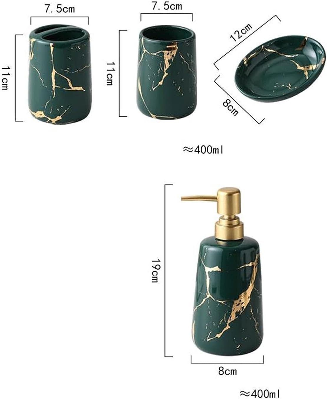 Vanity Bathroom Decor, 5-Piece/Set Bathroom Accessories Set Black Green Ceramic Soap Dispenser Set Housewarming Gift(Green)