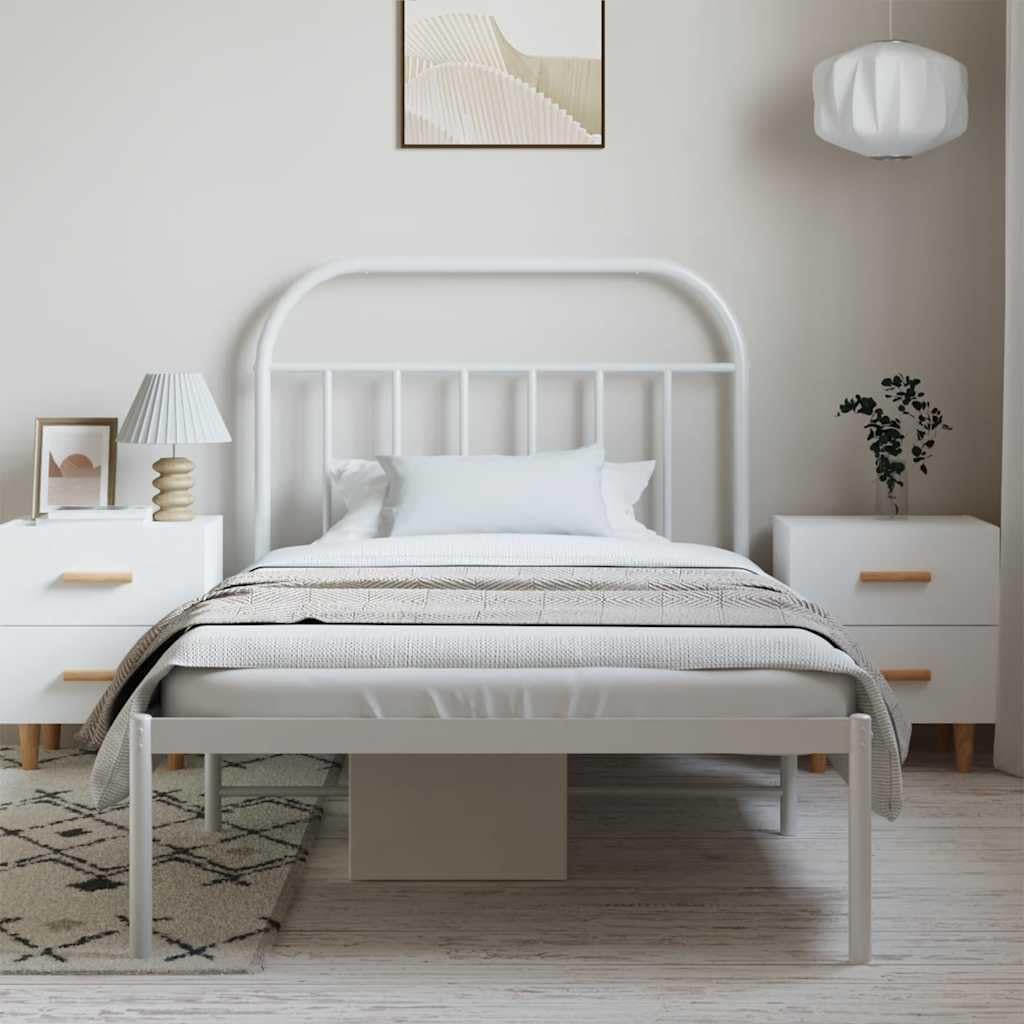White Powder-Coated Steel Twin Bed Frame with Headboard, Durable Metal Construction and Minimalist Design for Modern Bedroom, Space Efficient Single Sleeper Bed Frame