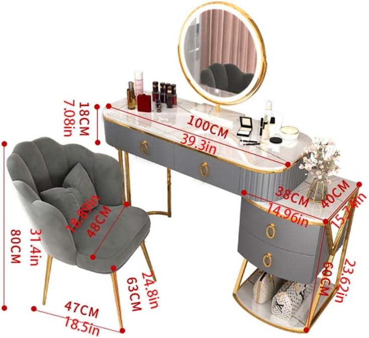 Vanity Benches Vanity Desk Set Bedroom Modern Dresser Ladies Fashion Dresser Bedroom Small Table with Side Cabinet, Mirror, Stool (Color : A)