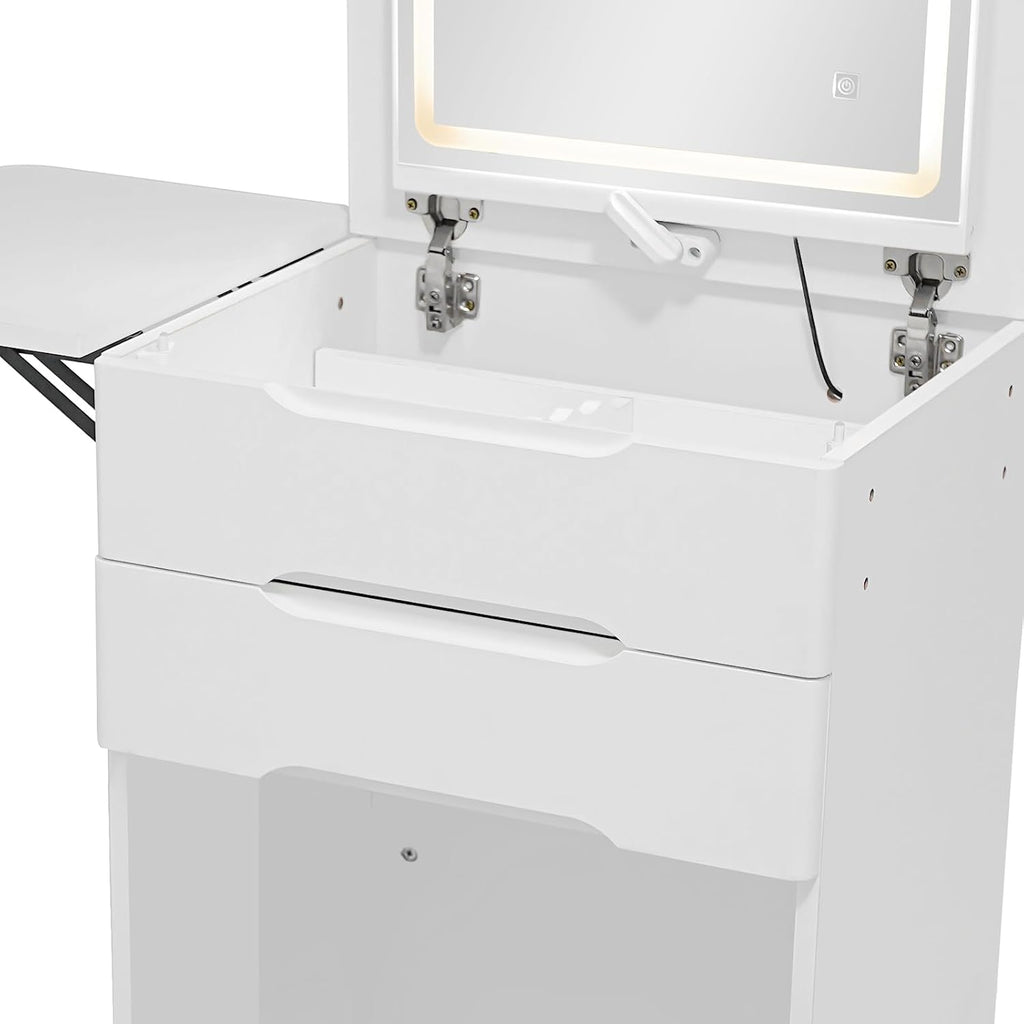 3 in 1 Compact Dressing Table with Mirror and Lights,Small Vanity Desk with Stool and 3 Drawers,Corner Makeup Table with Foldable Panel for Bedroom Living Room Small Space
